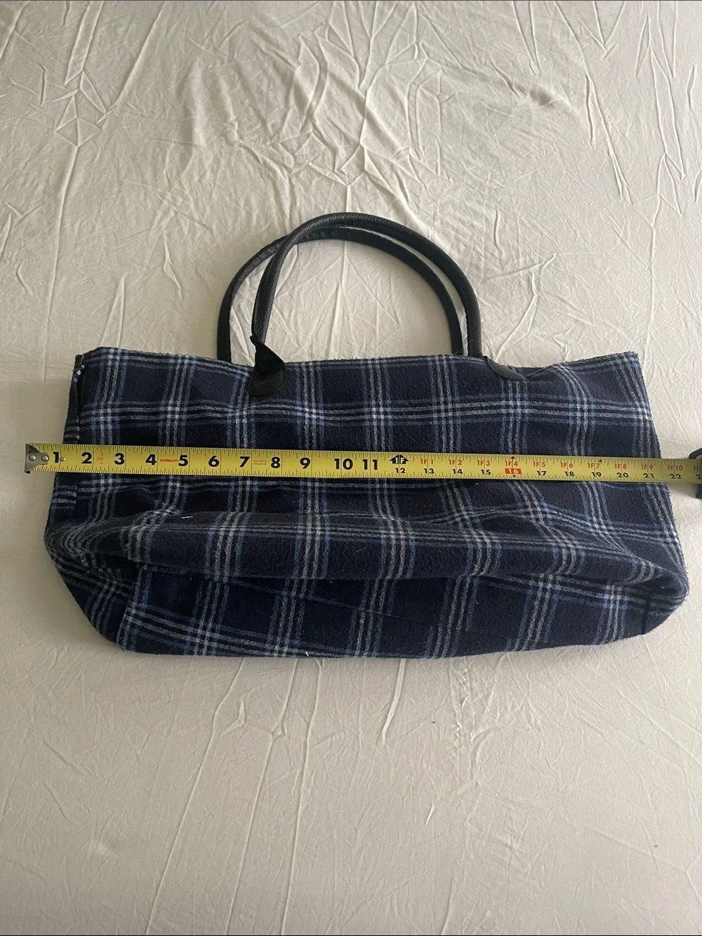 Plaid Navy Blue Tote Bag with Black Handles